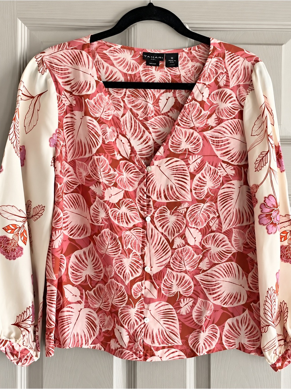Tahari Pink and Cream Leaf-Print Button Front Blouse